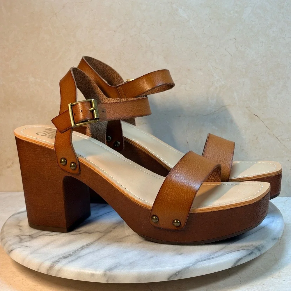 Madden NYC Lifft‎ Platform Block Heel Sandals Tan Leather Buckle Ankle Strap 9